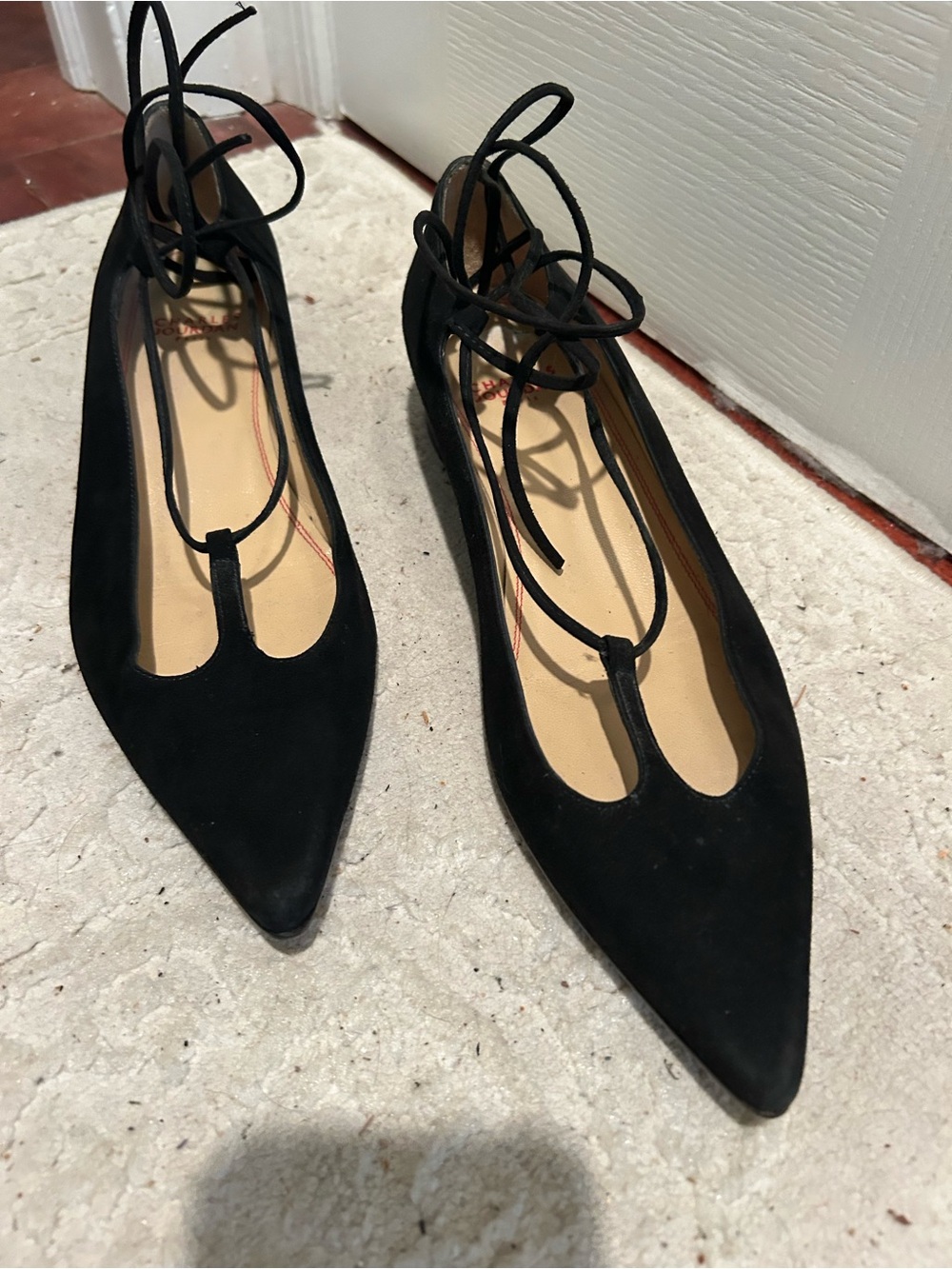 Charles Jourdan Black Pointed Suede Lace-Up Flats - Picture 2 of 3
